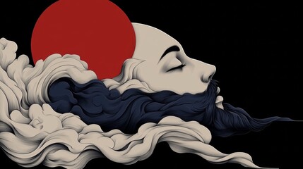 Serene illustration of a man's face merging with stylized waves, set against a bold red circle on black.