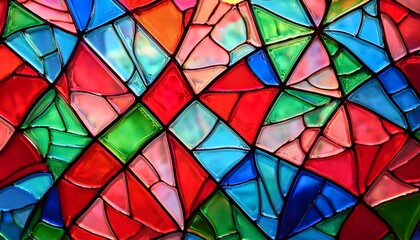 Modern stained glass pattern with irregular geometric shapes of red, green and blue colors. Abstract colorful glass mosaic wallpaper