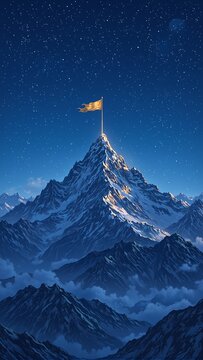 Majestic mountain range under starry night with glowing golden flag at summit