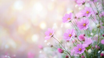 Obraz premium Pink flowers bloom in a sunny garden, showcasing natures beauty during spring season in a serene outdoor setting. Generative AI