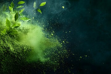 Fototapeta premium Vibrant Green Matcha Powder Explosion with Fresh Tea Leaves on Dark Background