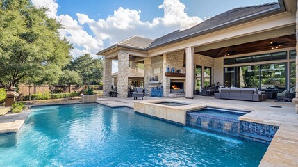 Fototapeta premium Luxury Outdoor Living Space Featuring Pool, Spa, and Covered Patio Area