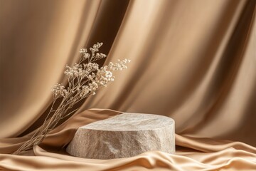 Minimalist beige stone platform with dried flowers on satin fabric background