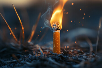 Cigarette dangerously close to dry grass. Risk of wildfires and careless smoking