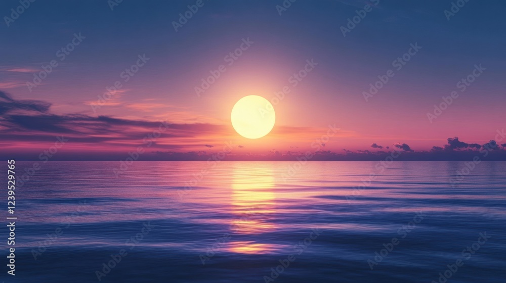 Poster sunset over calm ocean water with vivid colors reflecting the serene atmosphere in the evening sky. 