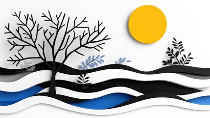 Obraz premium Paper cut-out landscape art. Black tree, yellow sun, blue water, and white background create a serene scene.