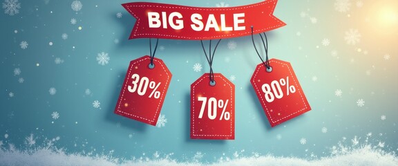 A striking winter sale banner features bold red tags displaying discounts of 30, 70, and 80, set against a soft blue background with delicate snowflakes. This festive image captures the excitement of