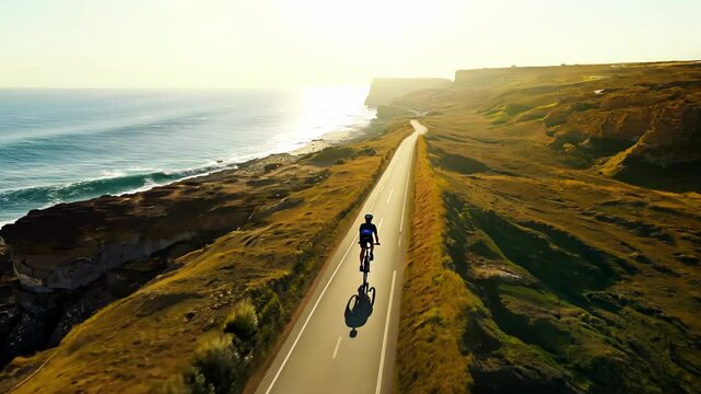 Lone cyclist riding along scenic coastal road at sunset with dramatic sea cliffs. Concept of adventure, sports, outdoor fitness, nature exploration, freedom, endurance cycling