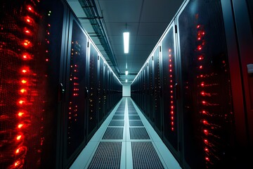 Fototapeta premium Data Center Server Room Corridor Rows of Network Servers with Red Lights Modern Technology