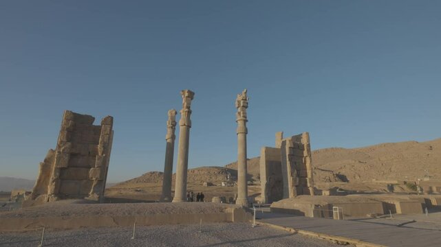Ruins of ancient Persepolis, in Iran. Persepolis the most famous tourist attraction in Iran. UNESCO World Heritage Site is a masterpiece of Persian architecture. ProRes 422 ungraded C-LOG 10 bit color