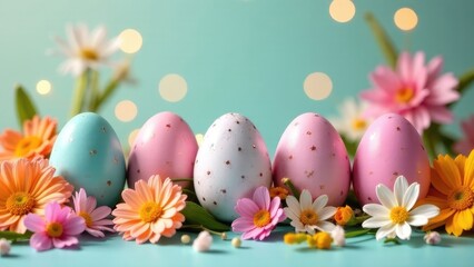 Five beautifully decorated Easter eggs in pastel shades sit amidst a scattering of vibrant spring flowers. Soft, twinkling lights fill the space with joy and create a magical atmosphere