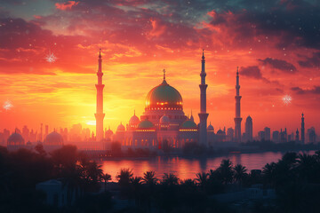 Obraz premium A vibrant illustration of a golden mosque dome illuminated by warm sunset hues, surrounded by ornate arabesque frames and delicate star patterns, symbolizing the grandeur of Eid Mubarak.