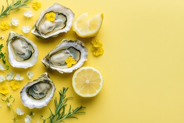 Spring mockup with oysters, sauce, flowers and lemon blossoms on a light yellow background with empty space. Artistic spring seafood food styling
