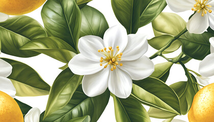 Obraz premium Isolated orange flowers. Blossoming branch of orange tree isolated on white background with clipping path