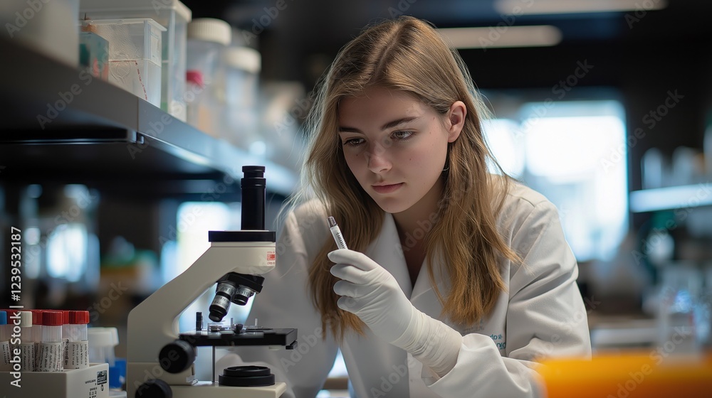 Poster in a well-organized lab filled with tools and chemicals, a focused scientist in a white coat analyze