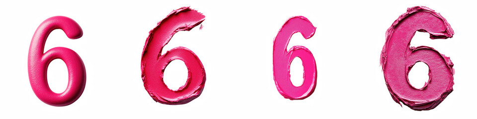 Number 6, made of hot pink lipstick, logotype, Six isolated on a transparent background