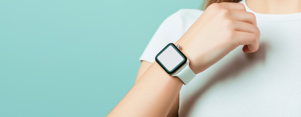 Obraz premium A female hand with a modern smart watch with display screen. Modern technology to monitor activity, sleep and heart rate