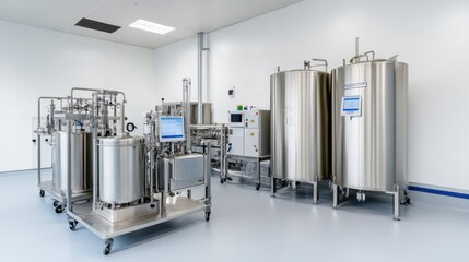 Modern industrial facility with stainless steel tanks and advanced equipment for processing liquids and chemicals