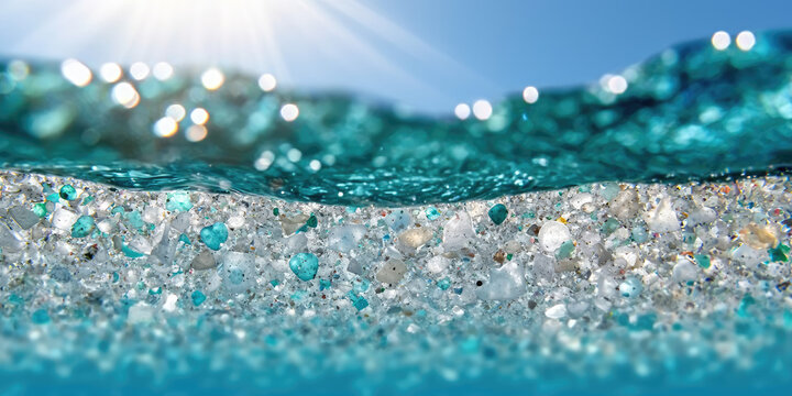 Close-up microplastics particles floating in clear water, concept of environmental impact, plastic pollution in drinking water sources. 