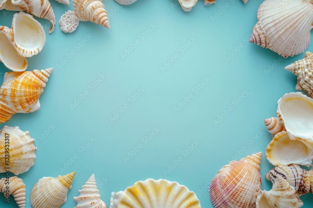 Aufkleber beautiful collection of seashells arranged on a light blue background creating an artistic coastal d
