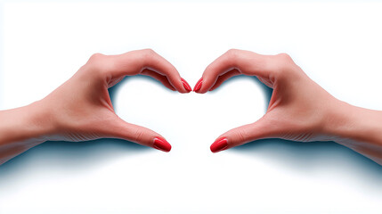 Obraz premium Romantic gesture of hands forming heart, with elegant woman’s fingers showing care and affection. Red nails enhance the symbolism of love and tenderness, isolated on a clean white backdrop.