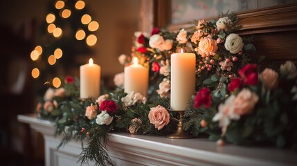 Living room features beautifully arranged mantelpiece adorned fresh greenery vibrant flowers and softly glowing candles all bathed in warm golden hour light.