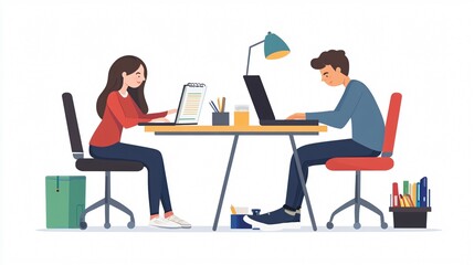 Vector Illustration of Female Executive Character Sleeping at Work While Male Executive Character Studying, Isolated on White Background