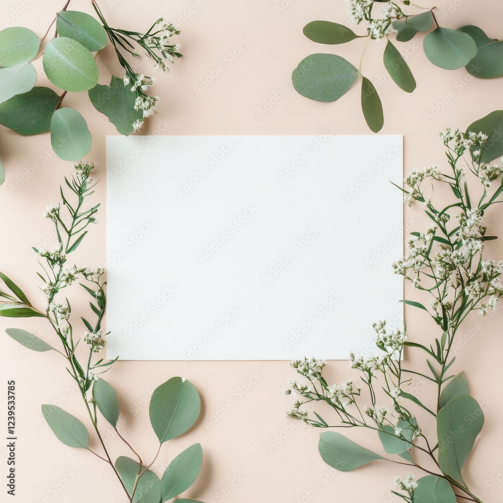 Aufkleber botanical arrangement with blank card surrounded by fresh greenery on a light background. generative