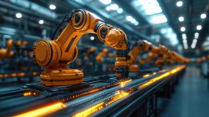 Fototapeta premium Robotic arms assembling products on a factory line, showcasing automation in a modern industrial setting
