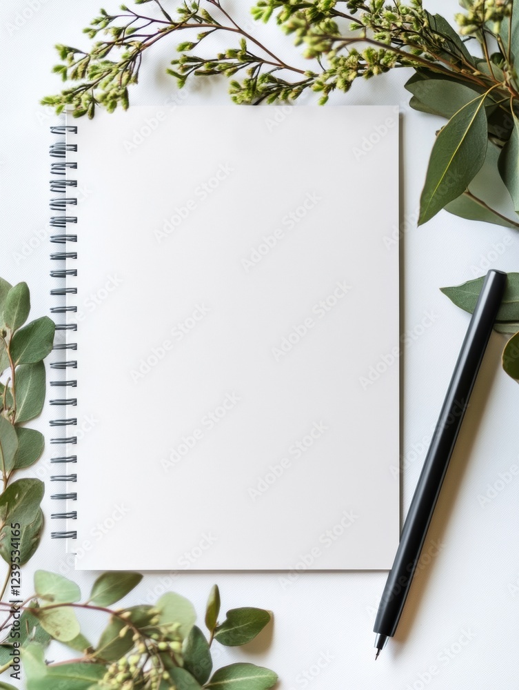 Poster blank notebook surrounded by greenery for creative inspiration and artistic planning. generative ai