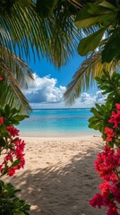 Fototapeta premium Tropical Paradise with Clear Blue Water and Vibrant Pink Flowers