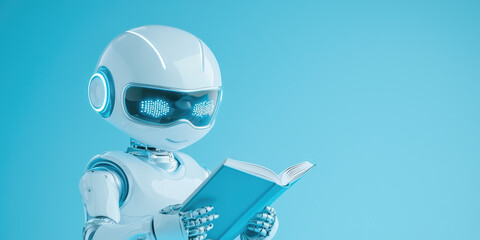 Fototapeta premium The robot is reading a book. Creative 3d concept ai-driven content automation and knowledge acquisition
