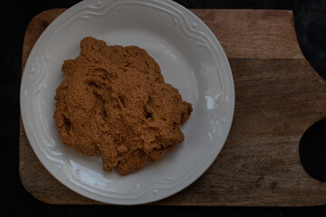 Vegan meat seitan made with vital wheat gluten; chickpea flour and soy saue; ready to be cooked