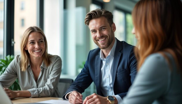 Business people in modern office hold meeting. Team discussing business plan. Businesswoman, businessman, businesswoman collaborate. Happy, professional atmosphere. Sit together at desk. Look