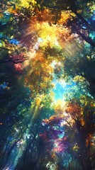 Vibrant Sunlight Filtering Through Colorful Forest Canopy