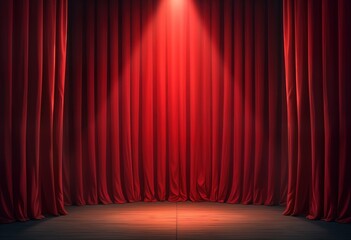 Empty theater stage with red velvet curtains. Spotlight illuminates center. Wooden floor. Suitable for presentations concerts, plays. Professional, classic performance atmosphere. Elegant space for