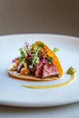 Fine dining taco with premium ingredients on a white plate, featuring a refined minimalist composition. Minimalistic taco food styling
