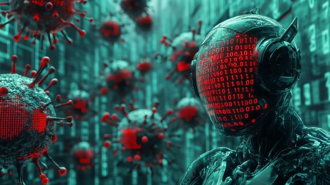 A 3D-rendered illustration of a virus-infected chatbot surrounded by glowing binary code, symbolizing cybersecurity threats and digital infiltration.