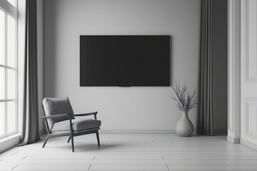 room interior, big tv on the wall, white walls, armchair, vase, minimalism