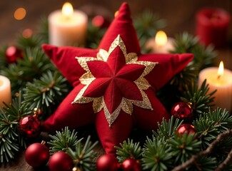 Red velvet star decoration with gold embellishments surrounded by candles and pine branches