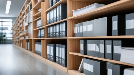Modern Office Interior Featuring Organized Shelves with File Folders and Documents in a Bright Workspace