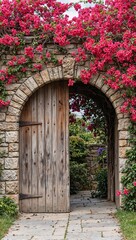 Ancient stone archway entwined with vibrant pink bougainvillea