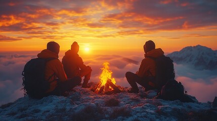 Obraz premium group of friends on the mountaintop around a fire