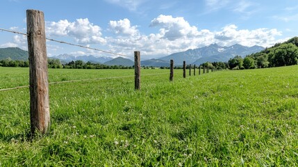 Fototapeta premium Alpine meadow fence, sunny day, mountain backdrop, postcard