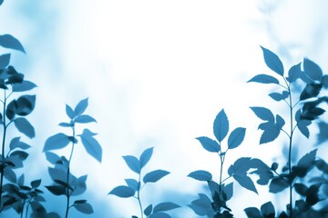 Blue tinted foliage silhouetted against a soft, bright sky during a serene morning. Generative AI