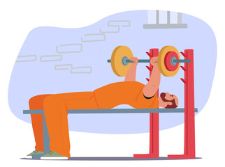 Athletic man prisoner cartoon character wearing orange uniform pumping muscles with barbell