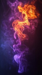 Obraz premium Colorful abstract smoke swirl with orange and purple hues on dark background, vibrant glowing light effect, dynamic digital illustration