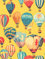 A vibrant pattern of various hot air balloons in different colors and designs against a yellow background. Cartoon style. 