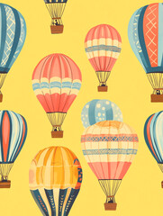 Naklejka premium A vibrant pattern of various hot air balloons in different colors and designs against a yellow background. Cartoon style. 