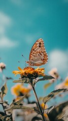 Fototapeta premium Beautiful Butterfly Sitting on Bright Yellow Flower Under Blue Sky